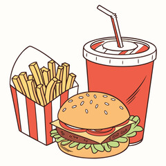 Burger fries drink combo with red striped container soda fast food
