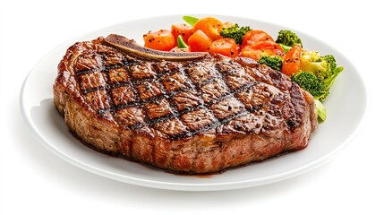 Grilled steak with roasted vegetables served on a plate.