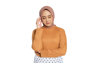 Muslim woman in hijab closing eyes and touching head with hand as if having headache isolated on transparent background