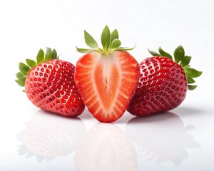 Three ripe strawberries one halved isolated on white background