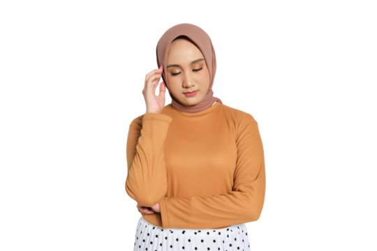 Muslim woman in hijab closing eyes and touching head with hand as if having headache isolated on transparent background