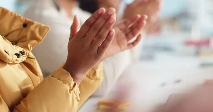 Business people, hands and congratulations with applause for presentation or well done in office. Group, employees or team clapping in row, line or workshop for staff training, thank you or good job