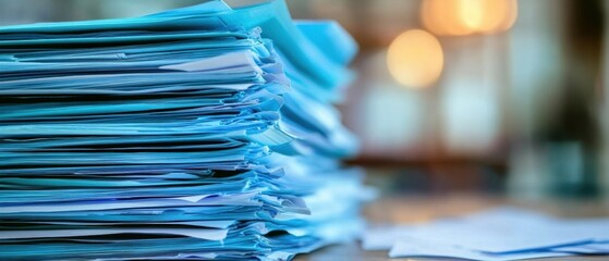 Organized Stack of Colorful Folders on Wooden Office Table with Close-up a large