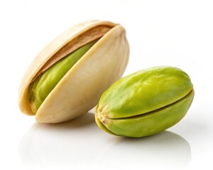 Two green pistachios one shelled and one unshelled isolated on white background
