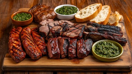 Traditional Argentine dish with assorted grilled meats including ribs, chorizo, and short ribs, cooked over open flame, served with chimichurri sauce and rustic bread on a wooden table.