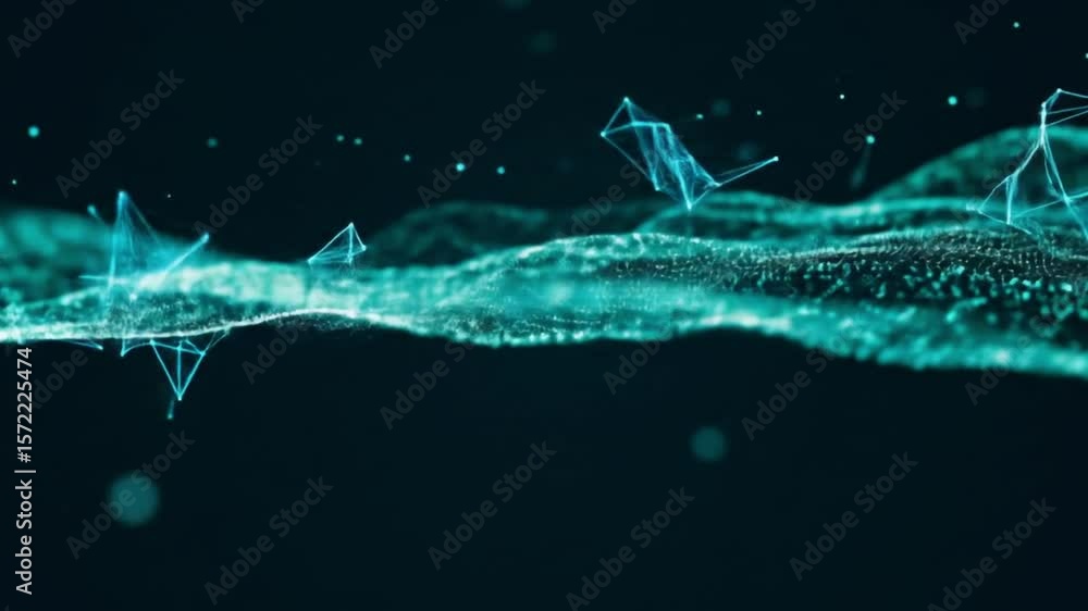 Aufkleber abstract teal network with connected dots and lines flowing on a dark blue background design concept