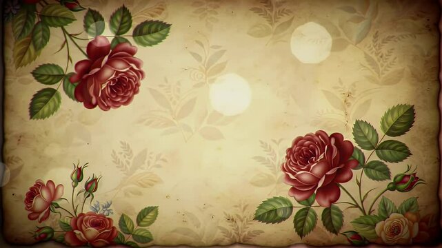 Detailed Dark Red Rose Bouquets on Soft Tan Floral Ornamental Parchment Vintage Background
