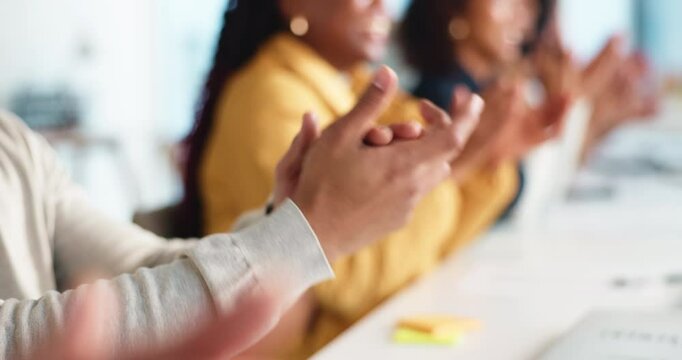 Business people, hands and meeting with applause for presentation or well done in workplace. Group, employees or team clapping in row, line or workshop for staff training, thank you or good job
