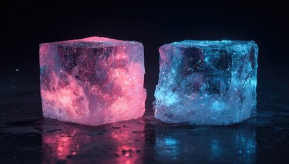 Obraz premium Two glowing ice cubes, vibrant pink and blue, on a dark surface