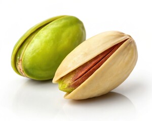 Two pistachios one shelled one un shelled isolated on white background