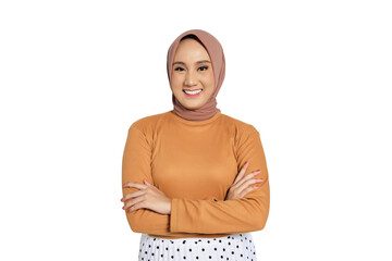 Confident Muslim woman in hijab standing with crossed arms and smiling isolated on transparent...