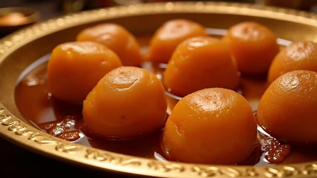 Golden-brown gulab jamun glistens in sugar syrup, presented in a decorative bowl a slow-motion capture of delicious Indian mithai in stunning 4K footage.