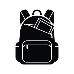 A black silhouette of a backpack with a laptop peeking out, set against a stark white backdrop, evokes a sense of adventure
