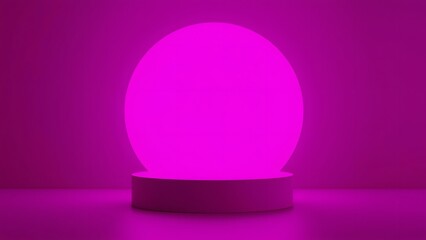 Illuminated pink sphere on a circular pedestal against a gradient background