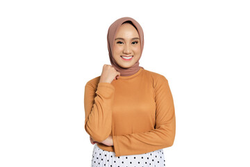 Confident Muslim woman in hijab smiling with hand on collar isolated on transparent background