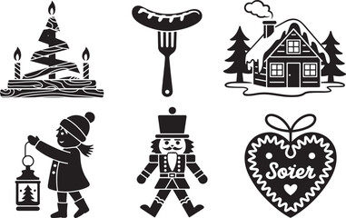 Naklejka premium German Christmas icons with sausage candle toy house child and heart cookie vector