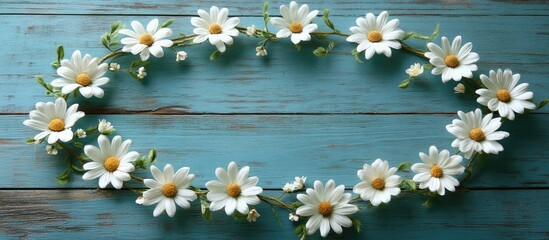 Floral Wreath on Rustic Blue Wooden Background