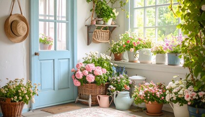 Fototapeta premium Serene Sunlit Porch Filled with Blooming Flowers