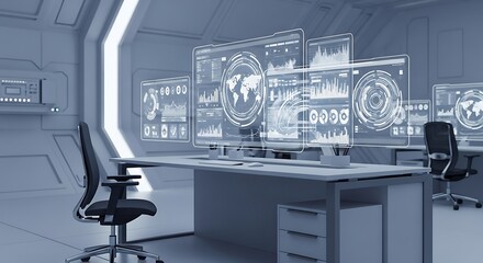 Futuristic Office Workspace with Advanced Technology and Holographic Displays