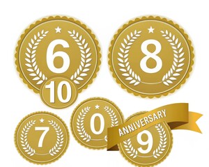 Collection of golden anniversary medals celebrating milestones isolated on white background