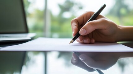 Person signing document with pen on glass desk, laptop in Businessperson writing documents