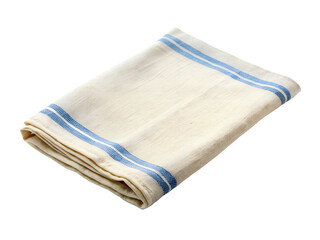 A folded linen kitchen towel with blue stripes is neatly arranged on a transparent background