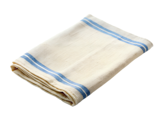 A folded linen kitchen towel with blue stripes is neatly arranged on a transparent background