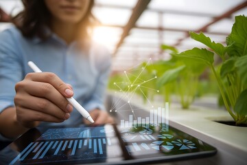 Person analyzing data on tablet with holographic charts in greenhouse stylus analysis