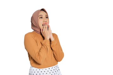 Surprised Muslim woman in hijab covering mouth with both hands isolated on transparent background