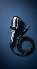 Classic Chrome Microphone with Cable on Deep Blue Backdrop, Evoking Timeless Elegance and the Spirit of Performance and Broadcasting