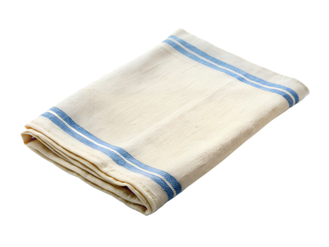 A folded linen kitchen towel with blue stripes is neatly arranged on a transparent background - Powered by Adobe