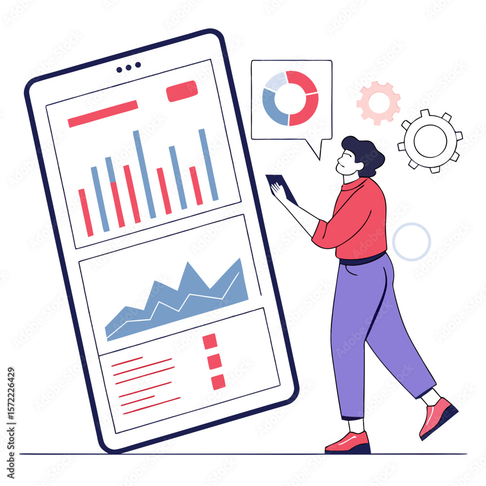 Poster person analyzing mobile data charts with gears and pie graph mobile analytics data analysis