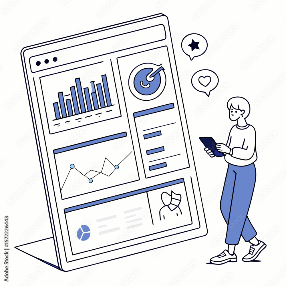 Poster person analyzing data on screen with feedback icons analytics mobile