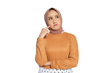 Thoughtful Muslim woman in hijab touching cheek with curious expression isolated on transparent...