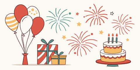 Festive birthday celebration elements with balloons gifts cake and fireworks isolated on white background