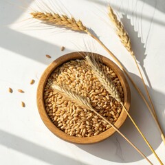 Wooden bowl filled with wheat grains and ears of wheat isolated on white background