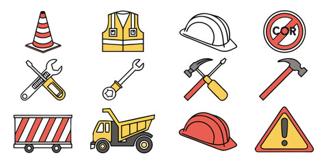 Collection of construction tools and safety equipment isolated on white background