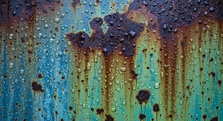 Abstract Rust Texture Blue, Green, and Brown Patina with Water Droplets