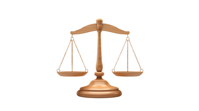 Golden justice scales symbolize balance on a dark backdrop isolated on transparent background