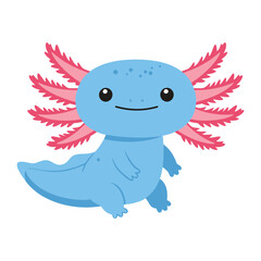 A charming blue axolotl cartoon with pink gills smiles cheerfully, a delightful illustration for childrens designs