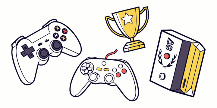 Collection of video game controllers trophy and console isolated on white background