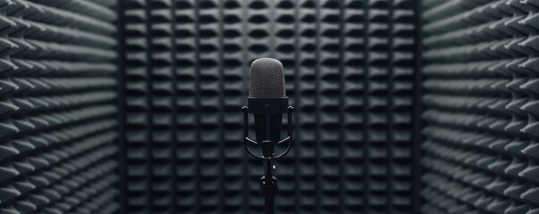 Professional microphone setup in recording studio with soundproofing panel background Close-up