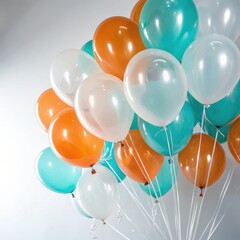 A large bunch of orange teal and white balloons isolated on white background