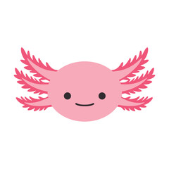 A cute pink axolotl cartoon face with feathery gills smiles sweetly, perfect for childrens illustrations and designs