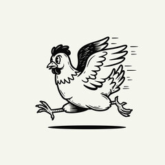 A determined chicken dashes forward with wings flapping, as if attempting to take flight, portrayed in bold black-and-white line art.