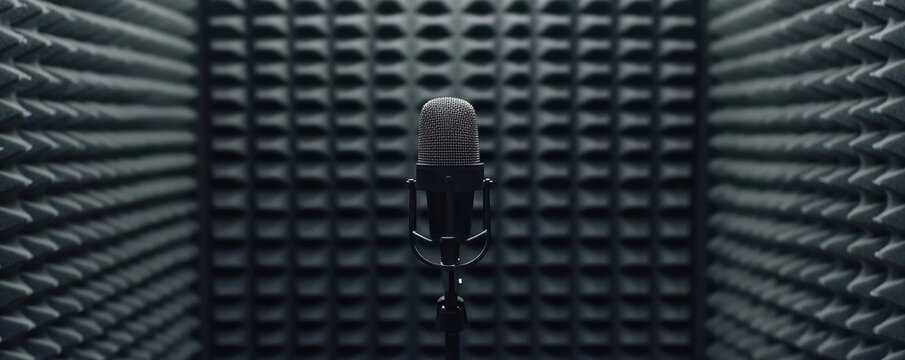 Professional microphone setup in recording studio with soundproofing panel background Close-up