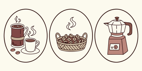 Coffee making process from beans to cup isolated on white background