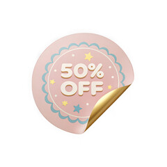 Cute pink circular sticker with 50 percent off text and golden peeling corner isolated on transparent background