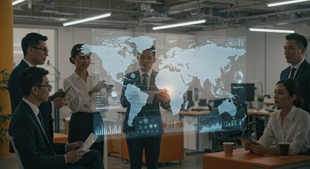 Diverse business team collaborating on global data visualization in office