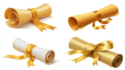 Rolled certificates tied with golden ribbon, isolated on white, for education, achievements, and official documents